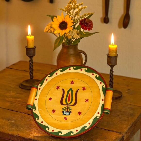 Vintage 1950s Scandinavian Folk Art Wooden Serving Tray • Hand Painted Floral Tu - Picture 1 of 7